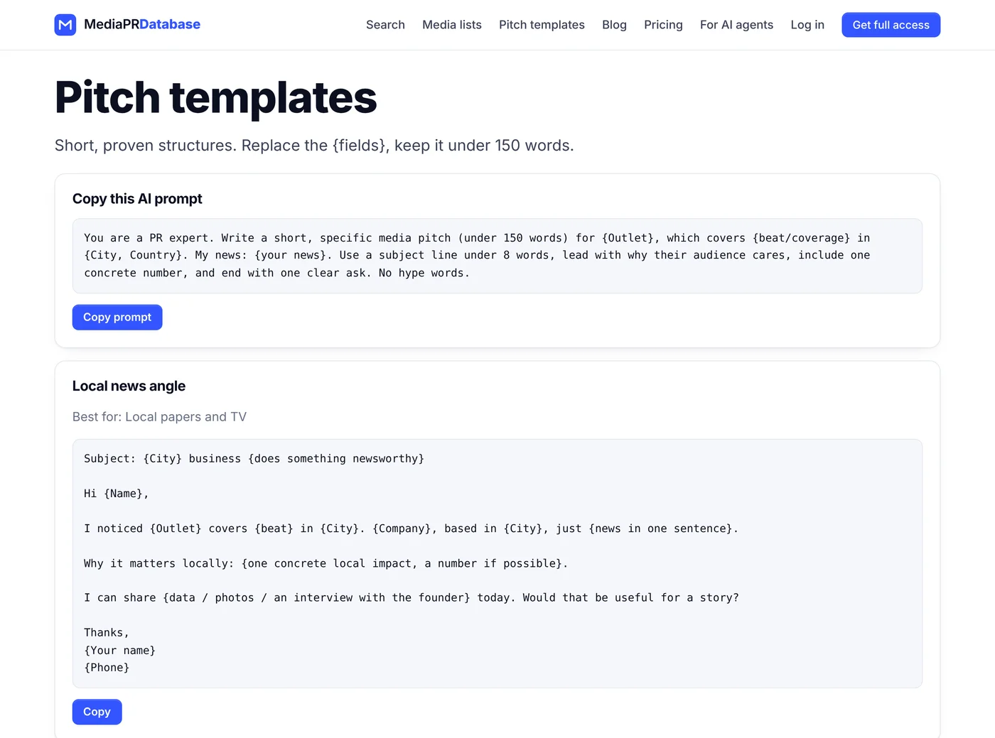 MediaPR Database pitch templates page with a copyable AI prompt and a local news angle email template