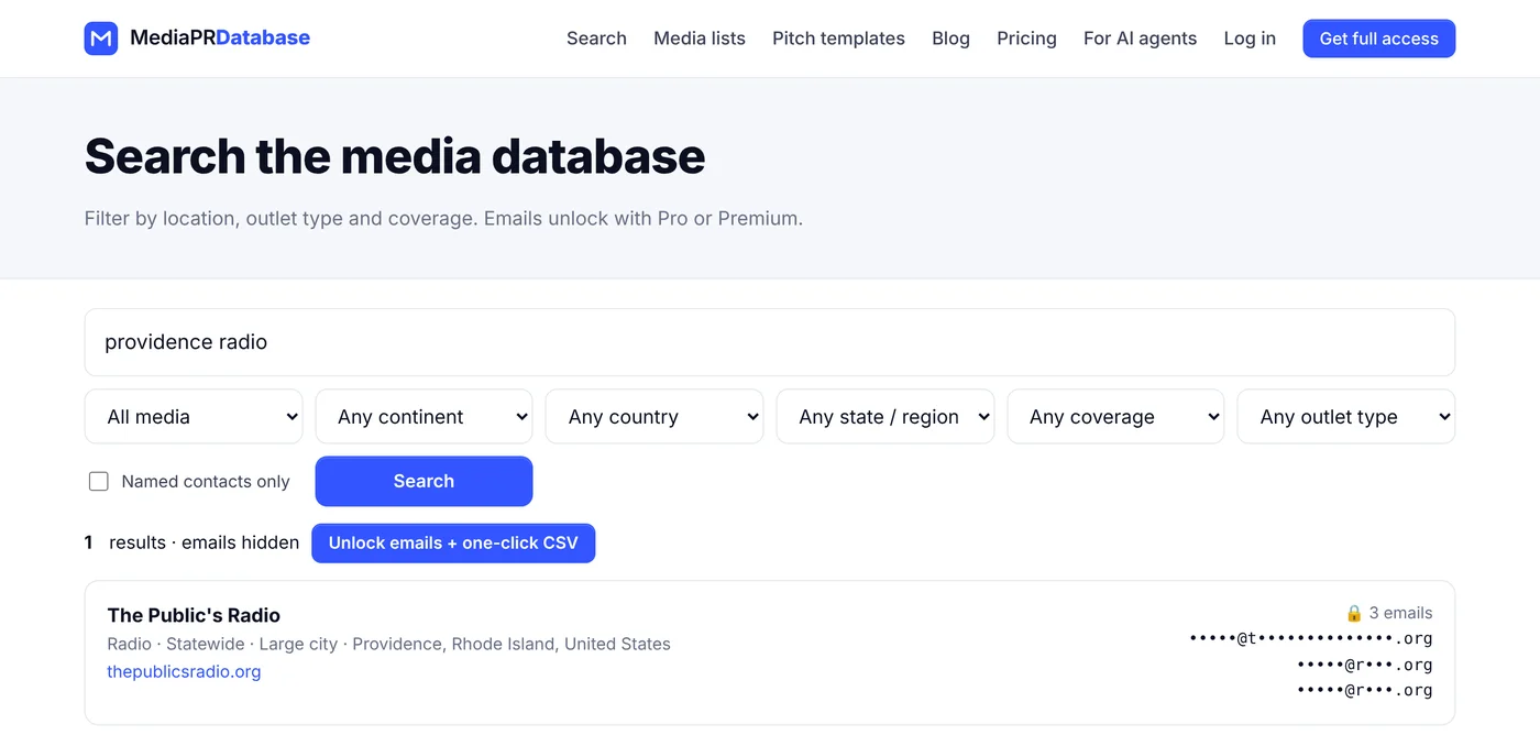 MediaPR Database free search for Providence radio showing The Public's Radio with three masked emails